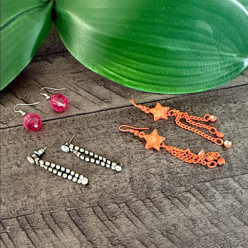 3 Pairs of Fashion Earrings - Pink, Orange & Rhinestone